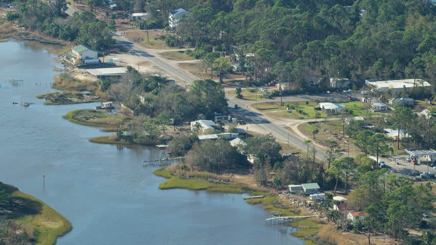 Aerial view City of Apalachicola coastal US 98 highway Saint Vincent Sound Apalachicola Bay Florida Panhandle Gulf of Mexico America RED WEAPON
