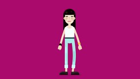 Animated cartoon vector female character. Long dark hair wearing white tank top and blue jeans, pointing and talking. Made in 4K with alpha channel.