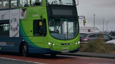 LIVERPOOL, UK - DECEMBER 01, 2018:
 An eco freundly modern bus starts from the bus stop
