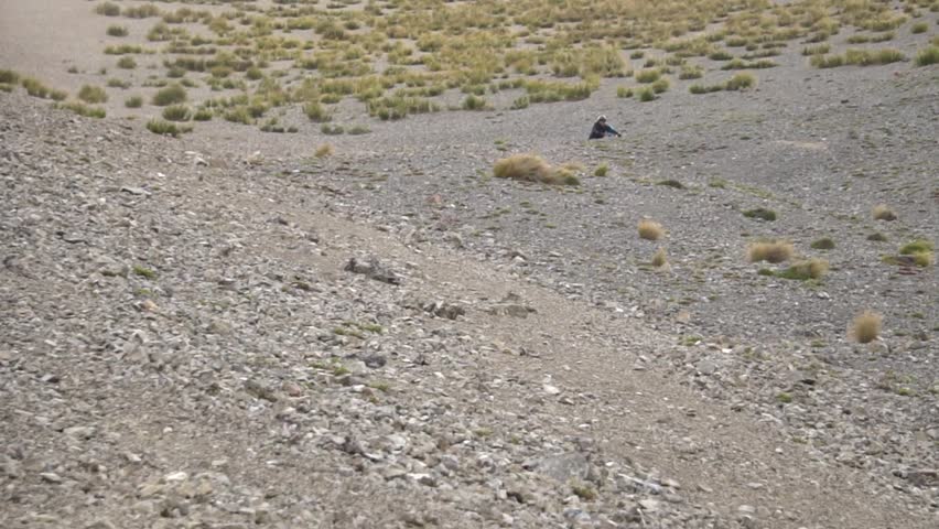 Steep scree slope with mountain biker riding down leaving dust trail, New Zealand