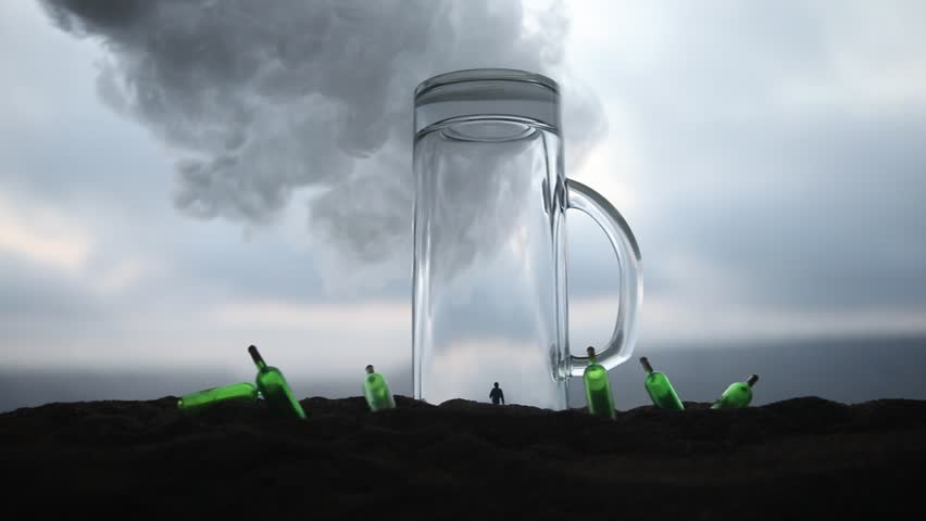 Abstract alcoholism concept. People in under a giant glass like in prison. Creative artwork decoration. Selective focus