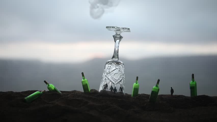 Abstract alcoholism concept. People in under a giant glass like in prison. Creative artwork decoration. Selective focus