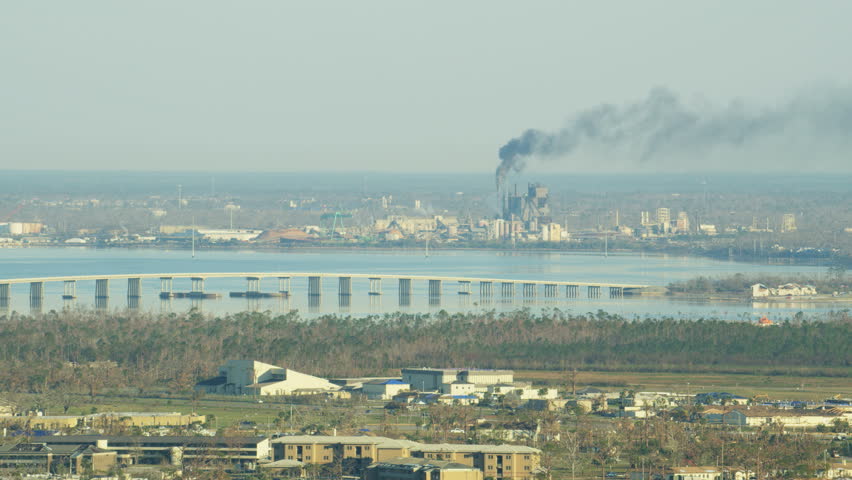 Aerial view of the Tyndall Pkwy bridge US highway 98 distant Industrial commercial plant on the shore in Panama City America RED WEAPON