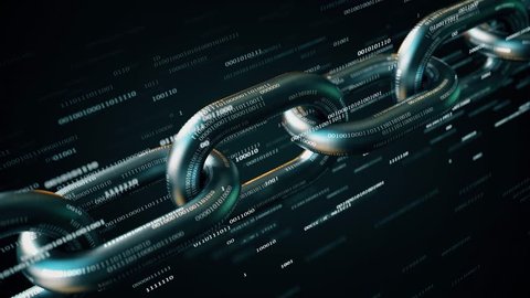 Metal chain with many binary numbers. Blockchain technology conceptual loopable 3D animation