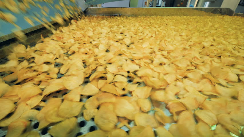 Lots of yellow crisps moving on a factory line, automated factory equipment in work.