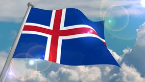 The flag of the state of Iceland develops in the wind against a blue sky with cumulus clouds and a flash on the lens from the sun. 4K video loops and decodes from a 3D program.