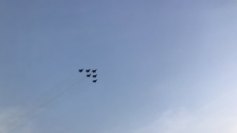 Marina Bay  - 9 August 2018 - A jet figthers formation flying by the Marina Bay during National Day Parade in Singapore