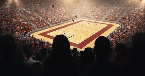Fans celebrating the success of their favorite basketball team on the stands of the professional stadium. Stadium is made in 3D and animated.