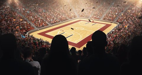 Fans celebrating the success of their favorite basketball team, a man screaming in a megaphone on the stands of the professional stadium. Stadium is made in 3D and animated.