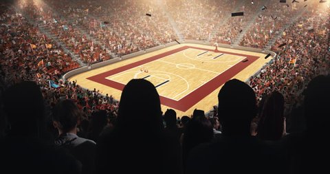Fans celebrating the success of their favorite basketball team and waving hands on the stands of the professional stadium. Stadium is made in 3D and animated.