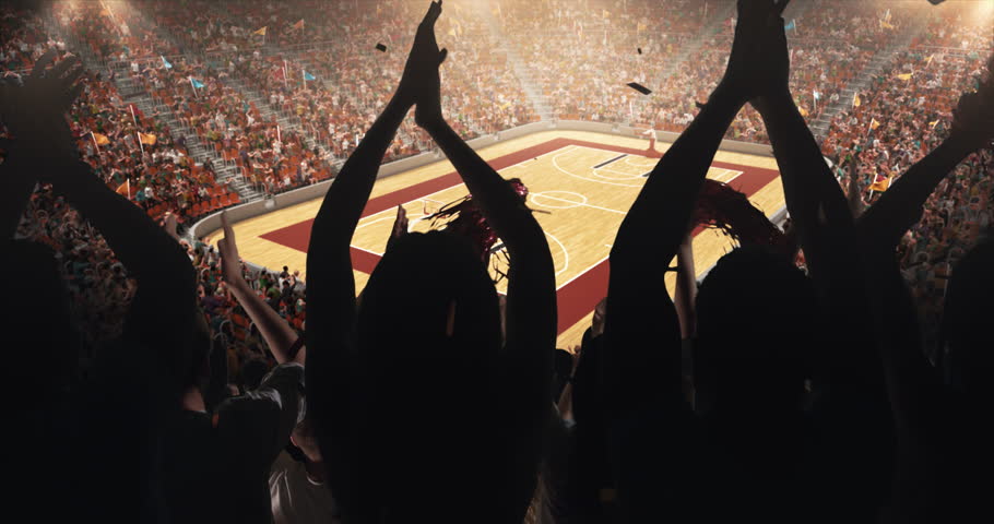 Fans clapping hands to cheer their favorite basketball team on the stands of the professional stadium. Stadium is made in 3D and animated. Royalty-Free Stock Footage #1025190233
