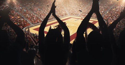 Fans clapping hands to cheer their favorite basketball team on the stands of the professional stadium. Stadium is made in 3D and animated.