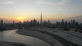 Drone video of Dubai Skyline at sunset. Travel destination concept.