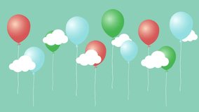 Colorful animation of cartoon air balloons with clouds. happy birthday video card. Seamless loop cute animated background.