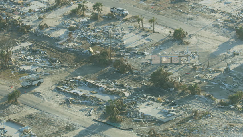 Aerial coastal view of the Hurricane eye wall center along Mexico beach where Michael came on shore devastating communities Florida America RED WEAPON