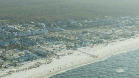Aerial view of property which survived Hurricane Michael and the storm surge other homes all around totally destroyed Mexico beach Florida USA RED WEAPON