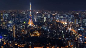 Time lapse of Tokyo cityscape at night.