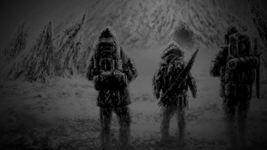 Three men stands at the entrance to the cave. Drawing digital animation. Genre of horror. Black and white background color.