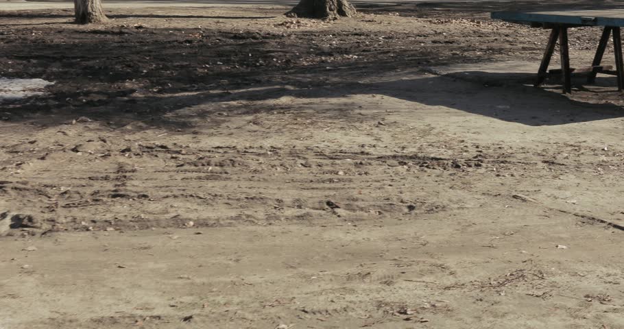 In a depressed yard with spring mud the old tennis concrete table