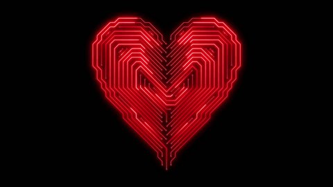 Red glowing plaing card symbol - hearts on transparent background. Circuit board glowing style. 4k video. Alpha channel