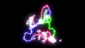 Three-colors neon glowing European Union map silhouette on transparent background. Seamess loop. 4k video. Include alpha channel