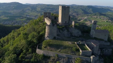 Carpineti, Reggio Emilia/Italy - 06/08/2018: Aerial view of Carpineti Castle