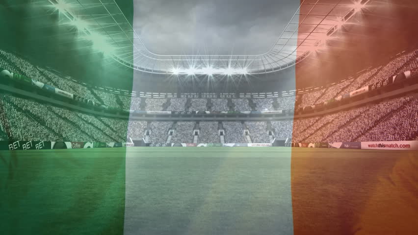 Digital composite of an Irish flag waving and a stadium full of fans for St Patricks Day