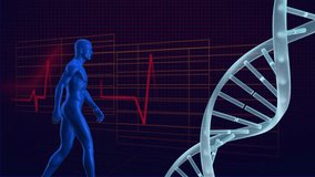 Digital animation of an holographic man walking towards a DNA molecule against an electrocardiogram background - Powered by Shutterstock - Get 15% off with code: PIKWIZARD15