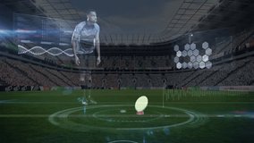 Digitally composite of a rugby player shooting an oval ball with digital interface showing his statistics against professional stadium background - Powered by Shutterstock - Get 15% off with code: PIKWIZARD15