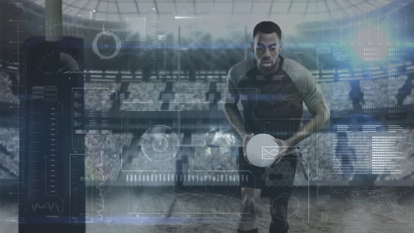 Front view of rugby player scoring a touchdown with professional stadium against digital interface screen showing his stats