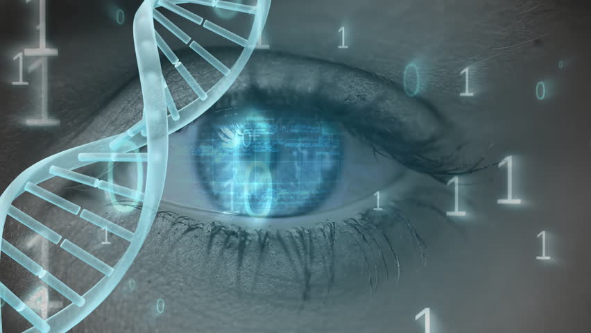 Digital composite of female eye opening and digital code showing in her blue eye with binary code falling down screen and DNA helix - Powered by Shutterstock - Get 15% off with code: PIKWIZARD15