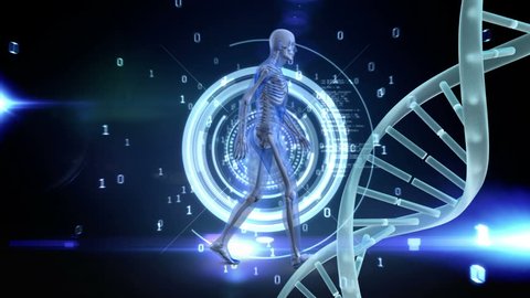Digital composite of prototype of a man walking agaisnt big data connections and spinning DNA with camera zoom in the background 