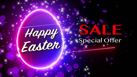 Easter Sale for Happy Easter Festival with shimmer neon egg background. luminous swirling. Black elegant, purple bokeh and star particles, LED color egg, glint glitter of loop motion.