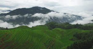 Aerial video in an amazing landscape, with drone, above rice terraces, with foggy weather and asian village on the hill.
