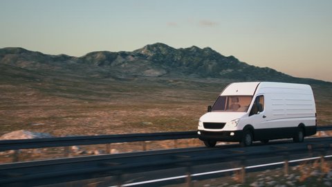 A white delivery van passes the camera driving on a highway into the sunset, side-view camera tracking and panning to follow the van. Realistic high quality 3d animation.
