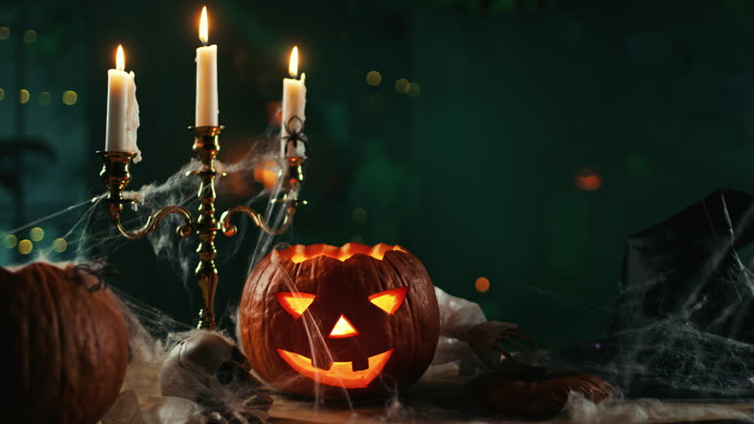 Halloween Still Life Colorful Theme: Scary Decorated Dark Room with Table Covered in Spider Webs, Burning Pumpkin, Candlestick, Witch