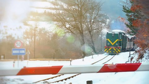 Mokra Gora, Zlatibor, Serbia 23rd December 2018: Drvengrad ( Mecavnik / Kustendorf ) - Passenger Train in the Mountainous Area, 4k Video Clip