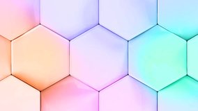 Light colored glossy animated moving hexagons with rounded edges. High quality seamless realistic video animation.