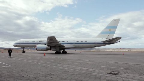 Rio Gallegos / Argentina - March 2016: “Tango 01”, Argentine Presidential Plane on Tarmac at Rio Gallegos Airport, Santa Cruz province, Argentina. Zoom In.