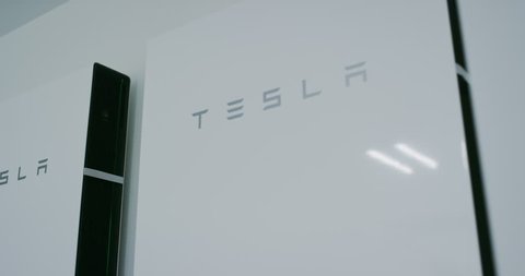 CALIFORNIA, USA - CIRCA MARCH 2019: Tesla power wall, modern smart home, the future of sustainable living, home battery