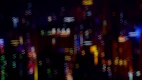 Lights bokeh in the form of dollars and blur. Bright background for video or presentations