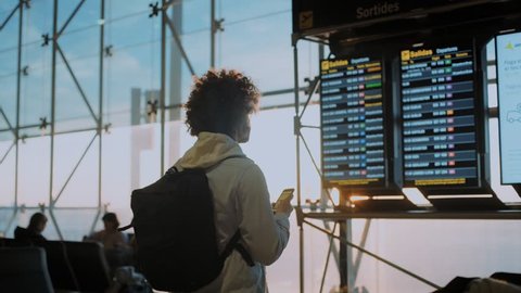 Funny casual looking and authentic young traveller with curly crazy hair studies flight information display in departure terminal of international or domestic airport, travel blogger inspiration