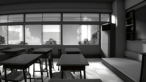 Window view of empty classroom