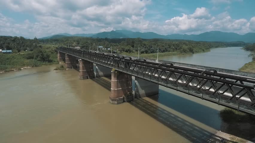 An aerial view of Victoria Bridge. It is a single track railway truss bridge located in Karai, in the state of Perak, Malaysia