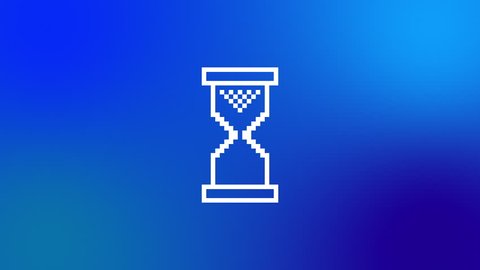 Spinning Pixel Computer Wait or Loading Hour Glass Over Blue Background.  Animated Illustration.