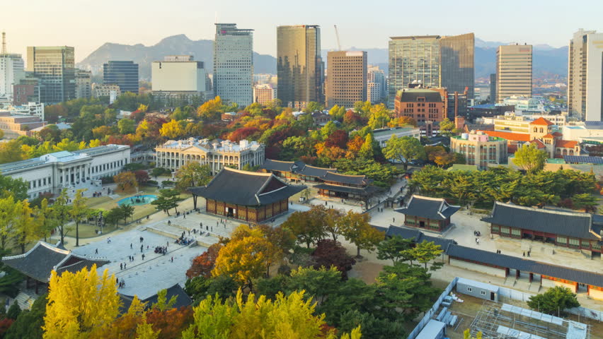 Beautiful city in Sunset of Seoul City Skyline.Deoksugung Palace in Seoul,Korea