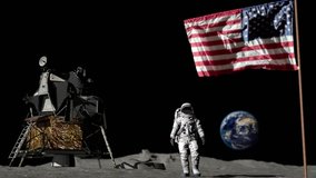 Astronaut walking on the moon and saluting the American flag.. CG Animation. Some Elements of this video furnished by NASA.