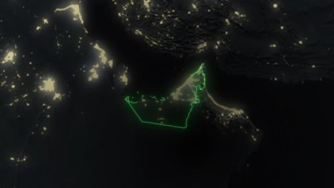 Realistic 3d animated earth showing the borders of the country UAE and the capital Abu Dhabi in 4K resolution at nighttime