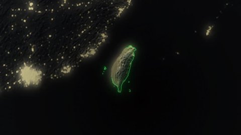 Realistic 3d animated earth showing the borders of the country Taiwan and the capital Taipei in 4K resolution at nighttime