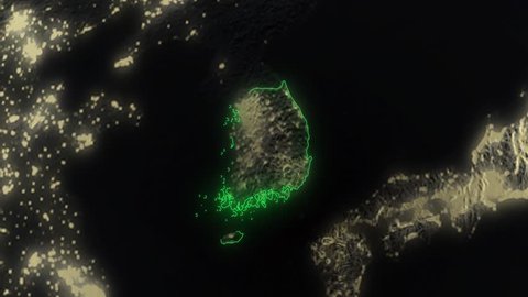 Realistic 3d animated earth showing the borders of the country South Korea and the capital Seoul in 4K resolution at nighttime